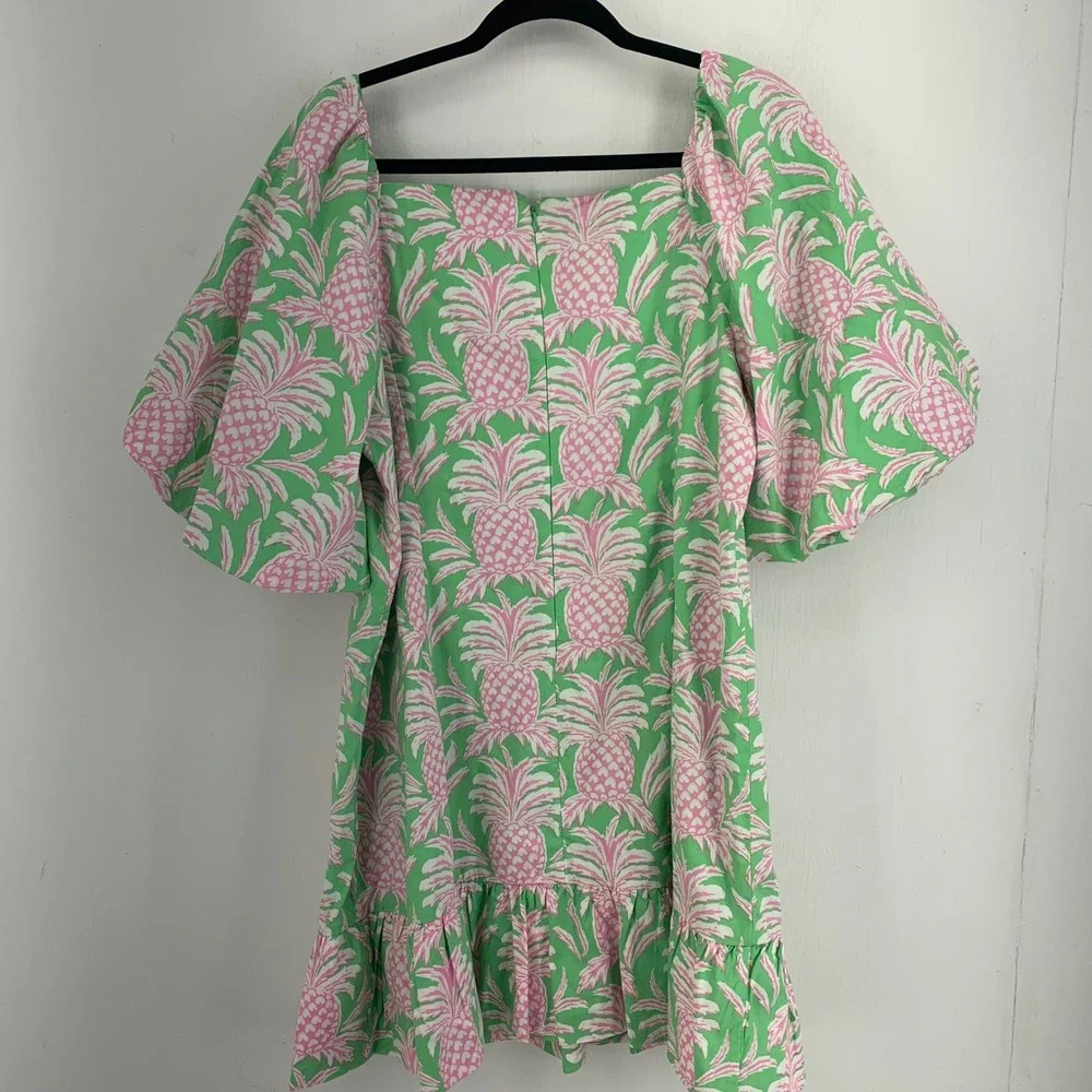 Coastal Resort Womens 14 Summer Vacation Pineapple Fruit Print Puff Sleeve Dress - Picture 8 of 10